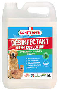 Saniterpen Viractif Concentré est un produit nettoyant, dégraissant, détartrant, désinfectant et odorisant.
Produit certifié selon le référentiel « Ecodetergent » disponible sur www.ecocert.com.
Il élimine les bactéries, champignons, levures et virus souvent responsables de nombreuses maladies.

- POINTS FORTS
    98,6 % d’ingrédients d’origine végétale et minérale
    Utilisable en Agriculture Biologique selon la réglementation locale en vigueur
    Efficace même en eau froide
    Actif sur tous les virus enveloppés dont Coronavirus, virus du Coryza, grippe aviaire, rage
    Parfum frais bien toléré par les animaux

- BIOCIDE
    Activité bactéricide, levuricide, fongicide
    Activité virucide sur les virus enveloppées
    Types de produit : TP2 /TP3 / TP4
    Usage : professionnel et grand public
    Substances actives : acide lactique (CAS n°79-33-4 : 256,8 g/l), acide glycolique (CAS n°79-14-1 : 7,5 g/l)

Conseil d'utilisation: 
    Diluer de 2 à 4 % (soit de 20 à 40 ml par litre d'eau) selon l'activité recherchée.
    Appliquer à l’aide d’une serpillère, d’une lavette ou d’un pulvérisateur basse pression.
    Laisser sécher.
    Rincer à l’eau potable lorsque les surfaces sont destinées à entrer en contact avec les denrées alimentaires (conformément à l’arrêté du 19/12/2013).
    Ne pas utiliser sur des surfaces sensibles aux acides. En cas de doute, tester la compatibilité sur une petite surface avant toute utilisation. Rincer le matériel d’application à l’eau claire après utilisation.

Composition:
5 % ou plus, mais moins de 15 % : agents de surface non ioniques. Moins de 5 % : agents de surface amphotères. Parfum. Enzymes. Désinfectant : acide lactique (CAS n° 79-33-4 : 256,8 g/l) ; acide glycolique (CAS n° 79-14-1 : 7,5 g/l).
Contient aussi : eau, glycérine, solvant.